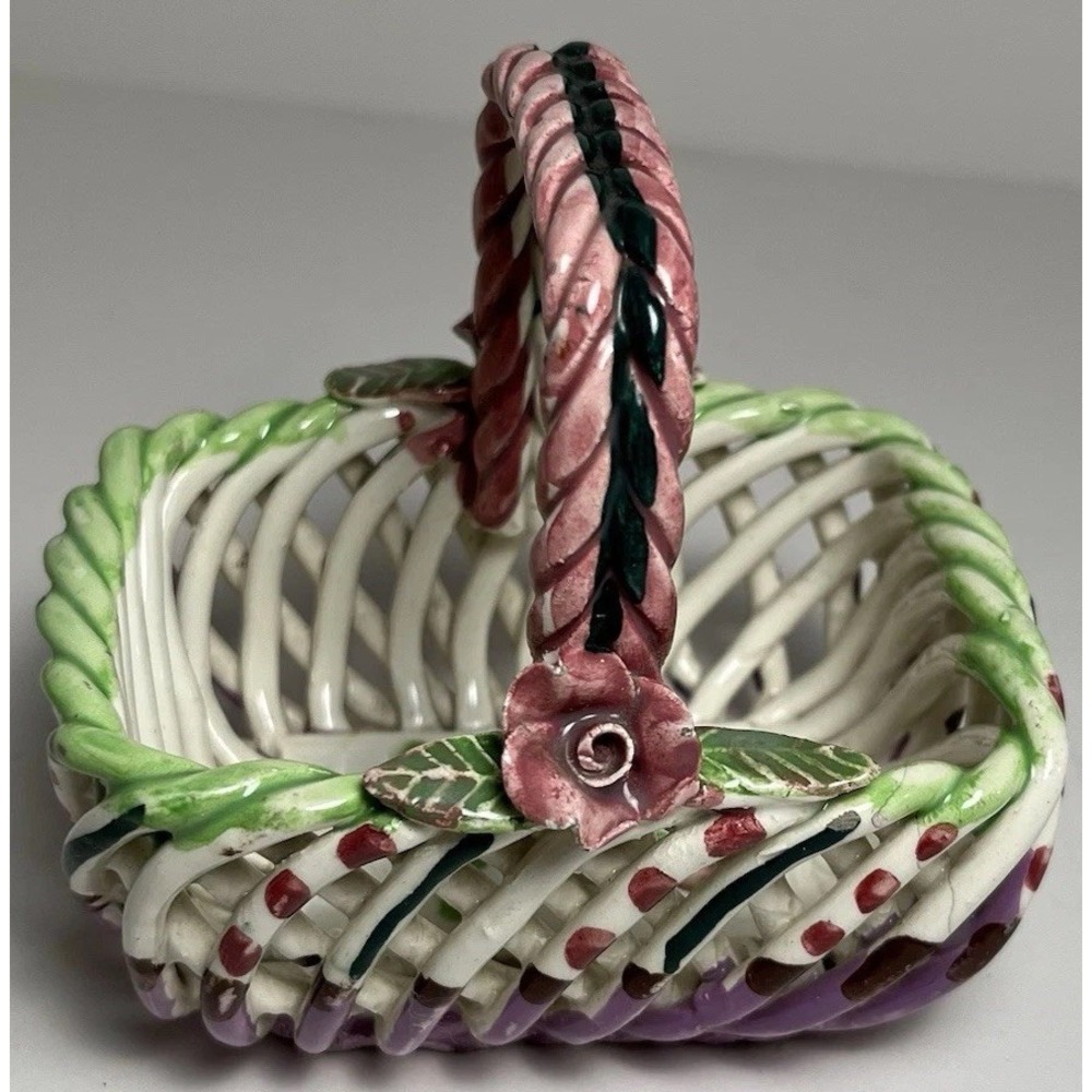 Vtg Basket Woven Lattice Handled Floral Twisted Porcelain Ceramic Spain 3.5"